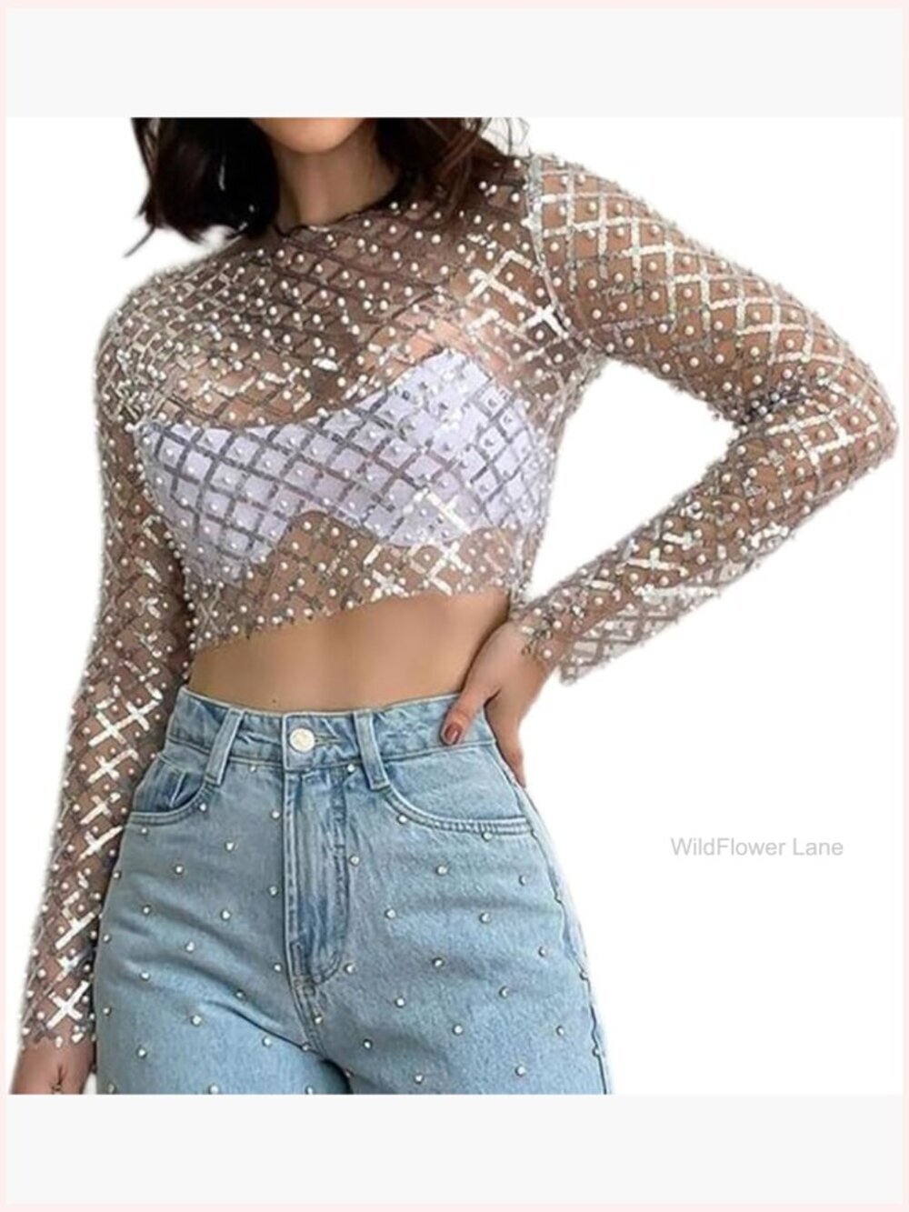 Sheer Sequins Beaded Fishnet Crop Top Long Sleeve Mesh See Through Club Shirt